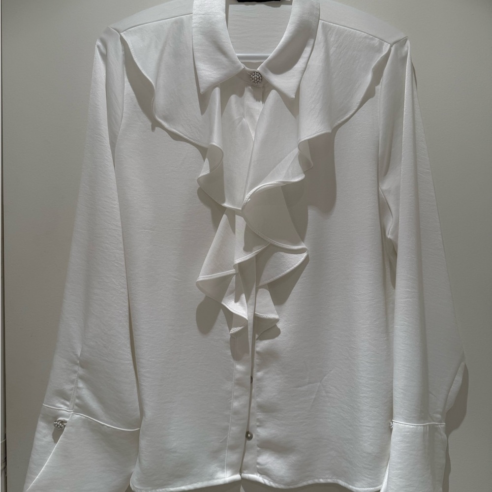 Zara White Button Down Shirt with Ruffle Detail